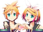  1girl blonde_hair bow brother_and_sister fangs green_eyes hair_bow hair_ornament hairclip headset heart heart_hands heart_hands_duo kagamine_len kagamine_rin koumei_(harmonizer) making_of short_hair siblings twins vocaloid 