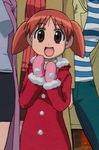  artist_request azumanga_daiou brown_hair child coat gloves highres mihama_chiyo official_art scan smile solo_focus twintails winter_clothes winter_coat 