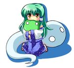  chibi detached_sleeves frog kochiya_sanae pillow pillow_hug snake solo tokiniwa touhou 