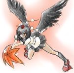  black_hair black_wings fan geta hat hauchiwa looking_at_viewer mumi_(muminchu) open_mouth red_eyes shameimaru_aya short_hair skirt solo tengu-geta tokin_hat touhou wings 