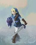  alternate_costume artist_request blonde_hair blue_eyes earrings gloves hat holding holding_sword holding_weapon jewelry left-handed link male_focus master_sword pointy_ears shield solo sword the_legend_of_zelda weapon 