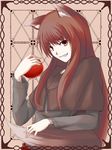  animal_ears apple bad_id bad_pixiv_id brown_hair fang food fruit highres holding holding_food holding_fruit holo kauto long_hair solo spice_and_wolf tail wolf_ears 