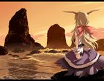  bad_id bad_pixiv_id blonde_hair hair_ribbon horns ibuki_suika landscape long_hair nejime ribbon scenery solo touhou water wrist_cuffs 