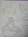 absurd_res anthro bone clothing dark_topwear dinosaur dyno_(dynogreeno) dynogreeno hair hi_res horn male muscular muscular_anthro muscular_male prehistoric_species reptile scalie shirtless skull skull_head text throwing topwear traditional_media_(artwork)