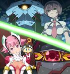  ? angry baba_tsutsuji benkei_(sora_wo_kakeru_shoujo) breasts brown_hair cleavage creature flipped_hair glasses green_eyes hairband head_tilt helmet laser leopard_(sorakake) looking_down majin_(marcia) mecha medium_breasts multiple_girls necktie pilot_suit pink_eyes pink_hair shirt shishidou_akiha shishidou_imoko short_hair short_sleeves sora_wo_kakeru_shoujo sweat 