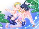  barefoot bikini blue_eyes blue_hair cleavage_cutout copyright_request long_hair magatama multiple_girls non-web_source one-piece_swimsuit oota_takeshi short_hair swimsuit wallpaper 