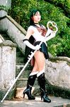  asian bishoujo_senshi_sailor_moon boots cosplay green_hair high_heels long_hair lowres meiou_setsuna photo sailor_fuku sailor_pluto school_uniform serafuku shoes wand 