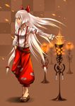  checkered checkered_background clog_sandals feet fire fujiwara_no_mokou gia hand_in_pocket lantern light long_hair outstretched_arm sandals shadow solo suspenders touhou white_hair 
