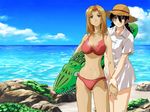  artist_request beach bikini black_hair blonde_hair cloud day genshiken hat highres holding_hands kasukabe_saki long_hair mole mole_under_mouth multiple_girls ocean oono_kanako outdoors sky swimsuit water 