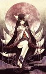  animal_ears barefoot black_hair cloud flower fox_ears full_moon highres ishikawa_sae japanese_clothes legs long_hair moon multiple_tails original solo tail 