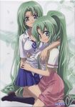  aqua_eyes breast_grab breasts grabbing green_hair highres higurashi_no_naku_koro_ni hug kneeling long_hair multiple_girls nakajima_atsuko ponytail school_uniform shoes siblings sisters smile sonozaki_mion sonozaki_shion twins very_long_hair 