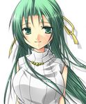  cropped green_eyes green_hair hair_ribbon half_updo higurashi_no_naku_koro_ni long_hair lowres mizuki_riyu non-web_source ribbon sleeveless sleeveless_turtleneck smile solo sonozaki_shion turtleneck 