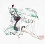  barefoot book ex-keine feet green_hair horn_ribbon horns kamishirasawa_keine long_hair mnk red_eyes ribbon sketch solo tail touhou 