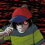  baseball_bat hair_over_one_eye hat male_focus mother_(game) mother_2 ness ogatarou51 red_eyes shirt solo striped striped_shirt 