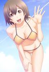  bent_over bikini blush breasts cleavage cloud copyright_request covered_nipples day grey_hair hands happy kuri_(kurigohan) large_breasts lipstick makeup outdoors pink_eyes short_hair sky smile solo swimsuit thigh_gap waving 