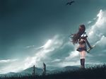  back bad_id bad_pixiv_id bird black_hair cloud day from_behind grass hunter_(ragnarok_online) kneehighs long_hair midriff ragnarok_online scenery sky socks solo wind yakka 