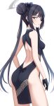 1girl absurdres ass back back_cutout bare_arms bare_back bare_shoulders black_dress black_gloves black_hair blue_archive blush china_dress chinese_clothes clothing_cutout commentary_request dress from_behind gloves grey_eyes grey_halo hair_bun hair_ornament halo highres kisaki_(blue_archive) korean_commentary long_hair looking_at_viewer looking_back parted_lips pelvic_curtain print_dress s10021 short_dress side_slit simple_background sleeveless sleeveless_dress solo standing white_background 