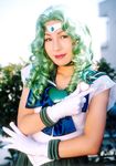  asian bishoujo_senshi_sailor_moon cosplay curly_hair green_hair kaiou_michiru lowres photo sailor_fuku sailor_neptune school_uniform serafuku wand 