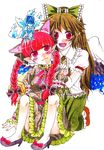  animal_ears blush brown_hair cat_ears kaenbyou_rin multiple_girls n-mix red_eyes red_hair reiuji_utsuho ribbon touhou 