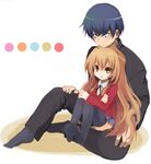  1girl aisaka_taiga annoyed blue_hair brown_eyes brown_hair feet kuo long_hair oohashi_high_school_uniform school_uniform short_hair sitting sitting_on_lap sitting_on_person size_difference socks takasu_ryuuji thighhighs toradora! 