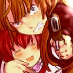  :d aiming_at_viewer angry bad_id bad_pixiv_id blue_eyes brown_hair clenched_teeth gun happy hug long_hair lowres mother_and_daughter multiple_girls open_mouth red_hair smile st05254 tears teeth turn_of_the_golden_witch umineko_no_naku_koro_ni ushiromiya_maria ushiromiya_rosa weapon 