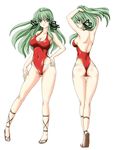  ass blue_eyes breasts cleavage fuchi green_hair highleg highleg_swimsuit kagashima_itsuki large_breasts long_hair mahou_senshi_elixir_knights one-piece_swimsuit sandals swimsuit 