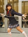  angelicstar asian brown_hair brunette cosplay flail gogo_yubari kill_bill legwear long_hair martial_arts photo photo_shoot photograph plaid plaid_skirt pose posing school_uniform skirt stockings thighhighs villain weapon 