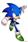  1boy absurdres blue_fur commentary english_commentary gloves gold_buckle green_eyes green_footwear highres quills shoe_buckle smgold smile solo sonic_(series) sonic_the_hedgehog twitter_username white_gloves 