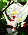  alarmy blonde_hair blue_eyes breasts feathers hat highres in_tree lily_white medium_breasts no_bra panties solo thighhighs torn_clothes torn_legwear touhou tree underwear wings 