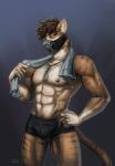 abs anthro athletic athletic_male bedroom_eyes big_hands black_clothing black_underwear blue_crystal boxer_briefs boxers_(clothing) brown_eyebrows brown_eyes brown_hair bulge clothed clothing crystal_necklace defined digital_drawing_(artwork) digital_media_(artwork) digital_painting_(artwork) digitigrade dog_tags domestic_cat eyebrows felid feline felis fur fur_markings grey_background hair half-closed_eyes half-length_portrait half_body half_mask half_naked hand_on_hip hi_res holding_object holding_towel inner_ear_fluff jewelry leomitsu lineless long_tail male mammal markings mask messy_hair metal_mask muscular muscular_anthro muscular_male muscular_thighs narrowed_eyes necklace nipples orange_body orange_fur portrait provocative pupils romantic seductive sensual simple_background snake_teeth solo spiky_hair standing standing_position striped_body striped_fur striped_markings striped_tail stripes tail tail_markings toned_body toned_muscles toned_stomach toned_thighs towel tuft underwear underwear_only white_body white_facial_markings white_fur white_hands white_inner_ear white_inner_ear_fluff white_markings white_sclera
