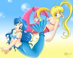  :d armlet back blonde_hair blue_eyes blue_hair bracelet bubble earrings gradient gradient_background hair_ornament houshou_hanon jewelry long_hair looking_at_viewer looking_back mermaid mermaid_melody_pichi_pichi_pitch miracle! monster_girl multiple_girls nanami_lucia non-web_source open_mouth pendant seashell shell shell_bikini smile star star_earrings star_hair_ornament swimming twintails wavy_hair 