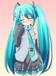  amakara_surume aqua_hair bad_id bad_pixiv_id blush closed_eyes detached_sleeves hatsune_miku headset long_hair necktie skirt solo tattoo twintails very_long_hair vocaloid 