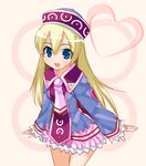  :d bad_id bad_pixiv_id bangs blonde_hair blue_dress blue_eyes breasts cowboy_shot dress frills hat heart kuroto_(722) long_hair long_sleeves looking_at_viewer lowres lucent_heart mizugame_(lucent_heart) necktie open_mouth parted_bangs short_dress sleeves_past_wrists small_breasts smile solo standing tabard thigh_gap very_long_hair wing_collar 