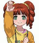  animated animated_gif blinking brown_hair green_eyes high_five hisakawa_riho idolmaster idolmaster_(classic) idolmaster_1 lowres raglan_sleeves solo takatsuki_yayoi twintails 