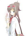  bad_id bad_pixiv_id bag bernard_sho brown_hair green_eyes gyakuten_saiban half_updo houzuki_akane labcoat long_hair messenger_bag ponytail shoulder_bag sleeves_rolled_up solo spray sunglasses test_tube 