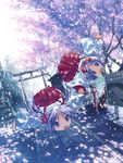  anime_location blue_eyes cherry_blossoms flying hiiragi_kagami hiiragi_tsukasa holding_hands isou_nagi japanese_clothes lucky_star miko multiple_girls purple_hair ribbon torii twintails 