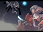  animal bad_id bad_pixiv_id blade_(galaxist) blue_eyes brown_eyes elf letterboxed moon night pixiv_fantasia pixiv_fantasia_3 pointy_ears riding star_(sky) sword weapon 
