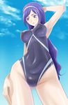  aono_miki armpits arms_up blush cloud competition_swimsuit day fresh_precure! from_below hairband long_hair muhi11234 one-piece_swimsuit precure purple_eyes purple_hair sky smile solo standing swimsuit very_long_hair 