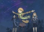  akeno_mihoshi black_hair boots brown_eyes brown_hair coat denim green_eyes long_hair makita_hime multiple_girls night night_sky outstretched_arms pantyhose scarf shooting_star short_hair skirt sky sora_no_manimani spread_arms star_(sky) starry_sky tko_(kkk66) yarai_sayo 