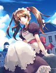  apron bad_id bad_pixiv_id brown_eyes brown_hair cloud day gloves hair_bobbles hair_ornament hairband kafra long_hair maid ragnarok_online sitting sky solo twintails yakka 