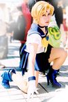  asian bishoujo_senshi_sailor_moon blonde_hair boots cosplay gloves high_heels lowres photo sailor_fuku sailor_uranus school_uniform serafuku shoes short_hair ten'ou_haruka tenou_haruka 