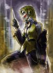  batman_(series) blood breasts cityscape cleavage dc_comics earrings genderswap genderswap_(mtf) glasgow_smile gloves green_hair jewelry jw knife medium_breasts messy_hair necktie solo the_dark_knight the_joker 