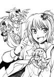  :d ^_^ ^o^ closed_eyes flandre_scarlet greyscale hair_ornament hairpin hat hong_meiling izayoi_sakuya looking_at_viewer minigirl mob_cap monochrome multiple_girls open_clothes open_mouth parody patchouli_knowledge remilia_scarlet rex_k short_hair shugo_chara! simple_background smile touhou white_background 