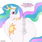 absurd_res anatomically_correct anus blush butt butt_focus compliment crown cutie_mark dark equid equine female friendship_is_magic genitals hasbro headgear hi_res horn kanaeshka looking_at_viewer looking_back mammal my_little_pony mythological_creature mythological_equine mythology princess princess_celestia_(mlp) puffy_anus pussy relaxed_expression royalty smile solo winged_unicorn wings wings_folded
