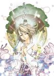  brown_hair closed_eyes final_fantasy final_fantasy_x flower hands_clasped japanese_clothes kimagureneko own_hands_together praying solo translated yuna_(ff10) 