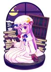  book crescent full_body hat long_hair meito_(maze) patchouli_knowledge purple_eyes purple_hair solo tea touhou 