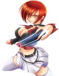  blush breasts cleavage genderswap genderswap_(mtf) kouno_yuki_(kip) large_breasts midnight_bliss red_hair skirt slit_pupils solo the_king_of_fighters thighhighs yagami_iori yellow_eyes zettai_ryouiki 