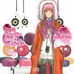  beanie brown_hair cellphone coat copyright_request earphones hat iphone long_hair pantyhose phone scarf shike_naoto smartphone solo 