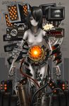  android black_hair breasts cable flower gia glowing grey_skin hair_over_one_eye highres ivy machine medium_breasts no_nipples orange_eyes original science_fiction screen short_hair solo tattoo topless wire 