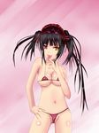  1girl bikini black_hair breasts cleavage date_a_live heterochromia kuinan licking long_hair red_eyes solo swimsuit tageme tokisaki_kurumi tongue tongue_out twintails yellow_eyes 